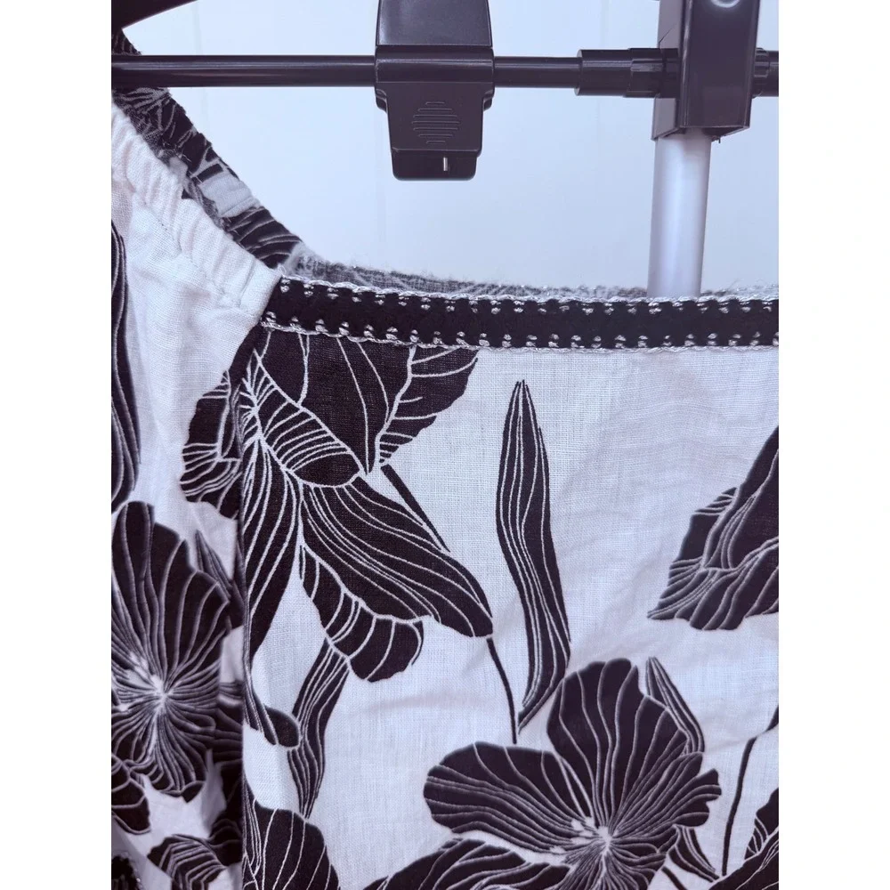 Tahari Linen Blouse Women Large White Black Floral Excellent Puff Sleeve Boho